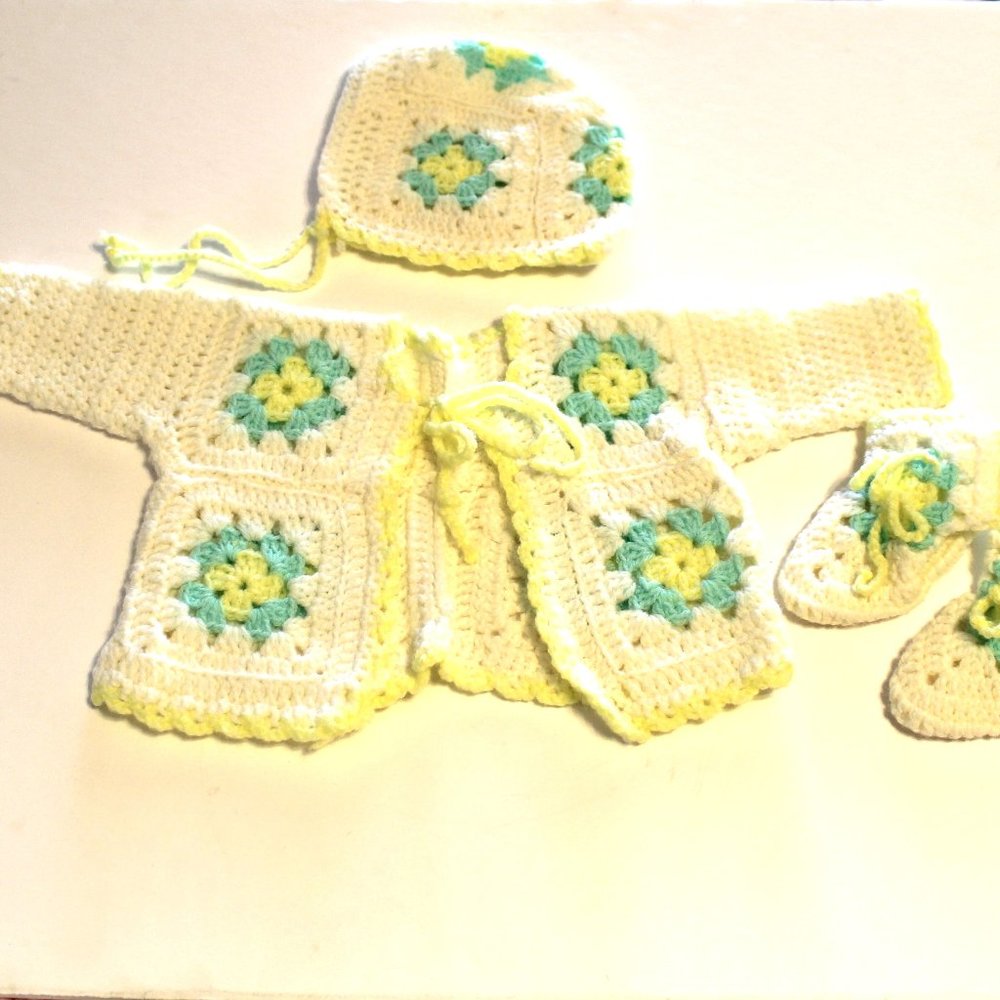 Handmade Granny Square Crochet Baby Doll Layette Set Mint Green Yellow O…